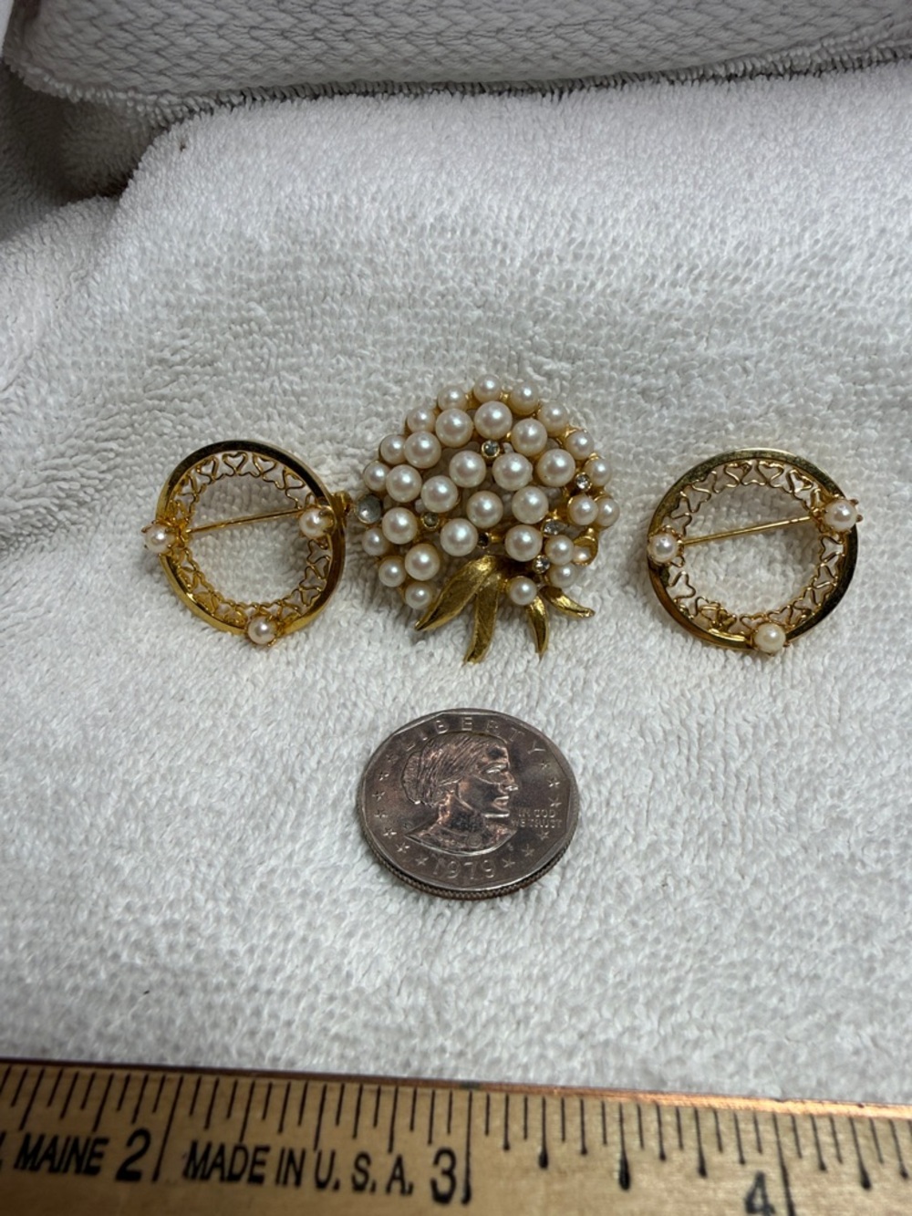 Gold-Tone Faux Pearl Cluster “Pell” & 2 Heart faux Pearl Eternity Circle Pins